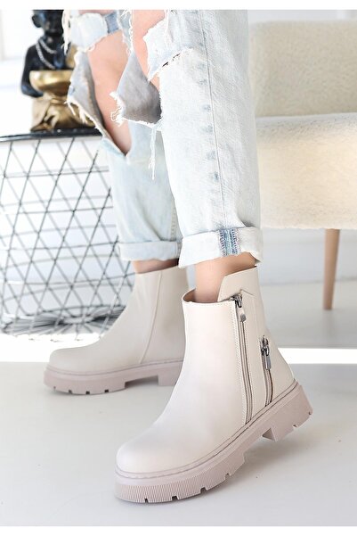 Erbilden Menta Beige Leather Boots with Zipper Accessories