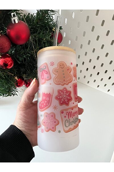By Selen Suyolcu Christmas Themed Printed Frosted Glass Cup with Bamboo Lid and Straw