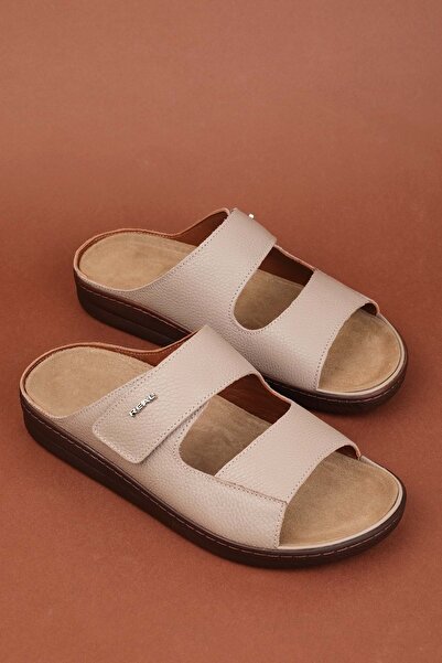 Gondol Men's Genuine Leather Slippers with Removable Sole and Special Velcro Rl.5302 Mink