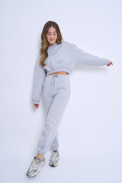 EMBA KORSE Women's Cotton Lined Sh Fleece-Lined Tracksuit Set Crew Neck Crop 3 Thread Tracksuit Set