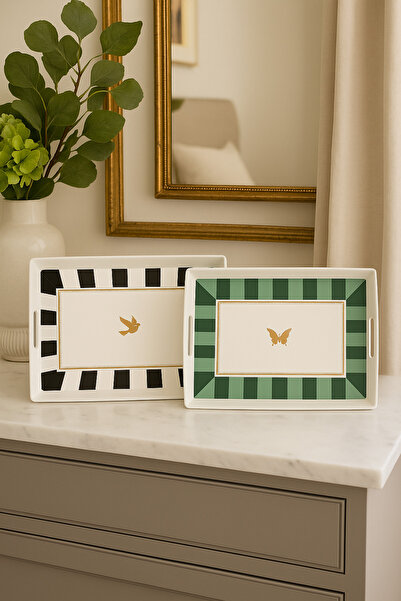 MAKRİ HOME 2Pcs Striped Pattern Serving Tray 38X28X3.5Cm, Black-White and Green
