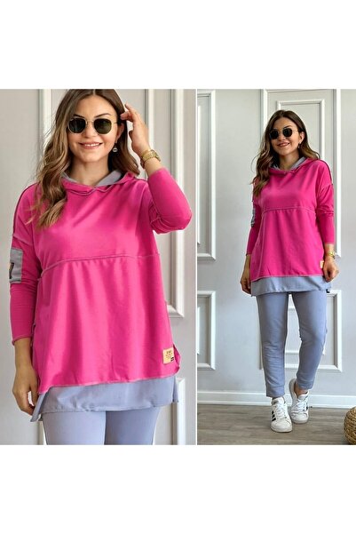 Kokosh moda Women's Black Hooded Double Suit with Hem Detail and Reverse Stitching