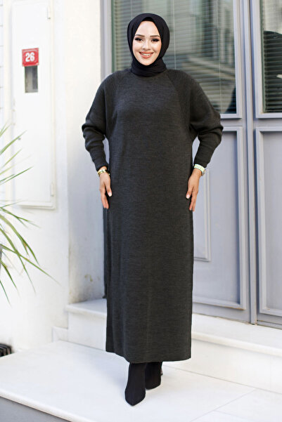 Tesettür Dünyası Πλεκτό φόρεμα με μανίκια Reglan TSD240725 Ανθρακί