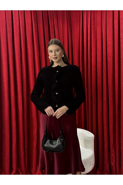 Neva Wear Asymmetrical Cut Pat Detailed Embroidered Knit Cardigan