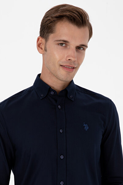 U.S. Polo Assn. Camasa Barbat Pe Bleumarin Cu Logo Brodat Si Nasturi La Guler