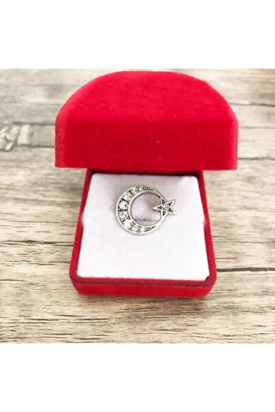 ABC Şık Taş İşlemeli Ay-Yıldız Rozeti Kırmızı Kutulu