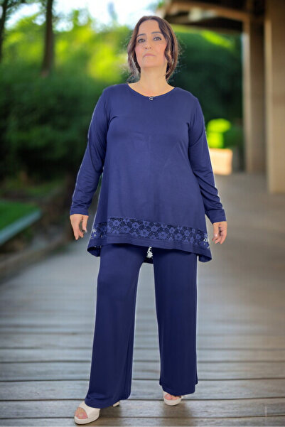 yagmurberen Skirt with Guepure Detail at the Bottom, Circular Necklace Bluse, Elastic Waist Pants, Plus Size, Two-Piece Set