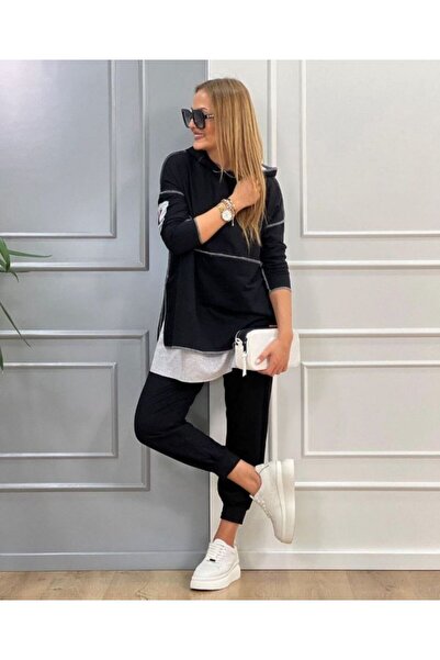 Kokosh moda Set de două piese cu glugă neagră pentru femei, cu cusătură inver...