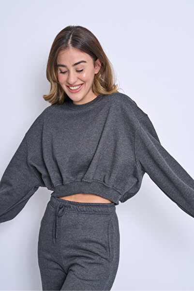 EMBA KORSE Γυναικείο σετ αθλητικής φόρμας Cotton Inside Ş επένδυση fleece Crew Neck Crop 3 Thread