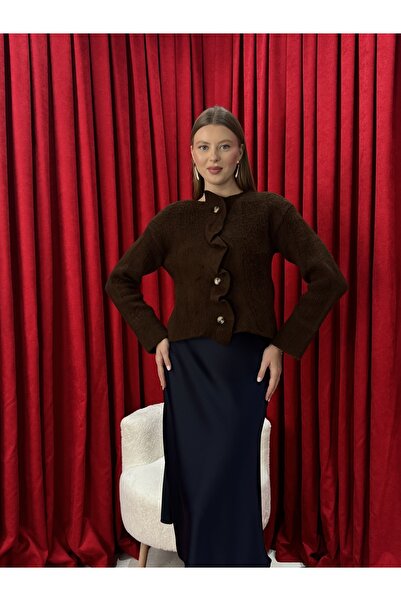 Neva Wear Asymmetrical Cut Pat Detailed Embroidered Knit Cardigan