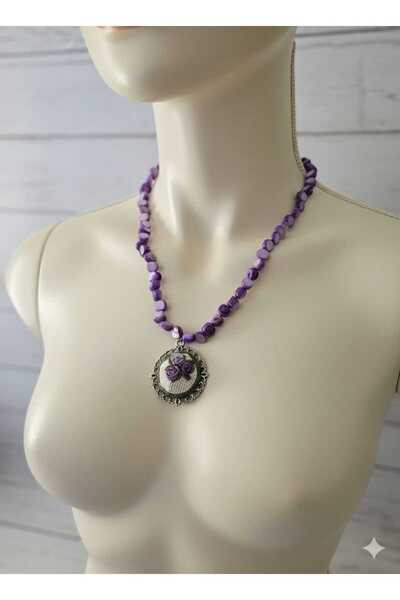 FOR YOU TAKI by Ezgi Kadın Mor Taşlı Kanaviçe Kolye
