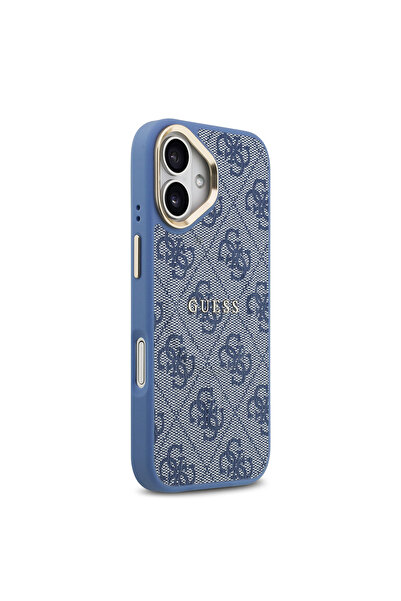 Guess iPhone 17 Uyumlu Kılıf Lisanslı M-safe Şarjlı Gold Kamera Çerçeveli PU Deri Yazı Logolu Mavi