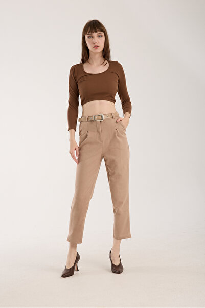 winmoda Suede Pants with Belt and Front Fold Detail - Suede Pants with Pockets