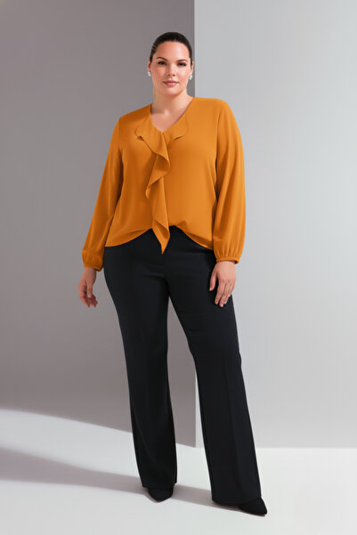 Hanezza Hardal Volan Yaka Uzun Kollu Büyük Beden Jessica Krep Bluz