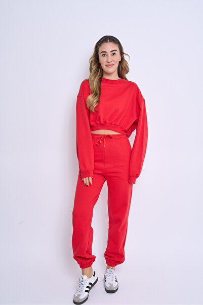 EMBA KORSE Γυναικείο σετ αθλητικής φόρμας Cotton Inside Ş επένδυση fleece Crew Neck Crop 3 Thread
