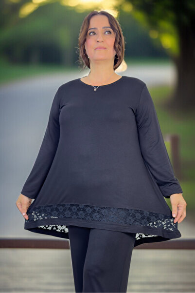 yagmurberen Skirt with Guepure Detail at the Bottom, Circular Necklace Bluse, Elastic Waist Pants, Plus Size, Two-Piece Set