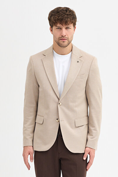 Frappoli Dorra Men's Beige Cotton Blended Stretch Fabric Dobby Mono Collar Sport Slim Fit Blazer Jacket