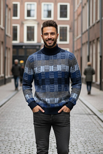 Pulltonic Erkek Desenli Yarım Balıkçı Yaka Kazak | %68 Kuzu Yünü