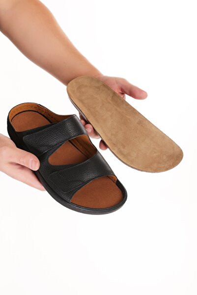 Gondol Men's Genuine Leather Special Velcro Slippers with Removable Soles Rl.5300 Black
