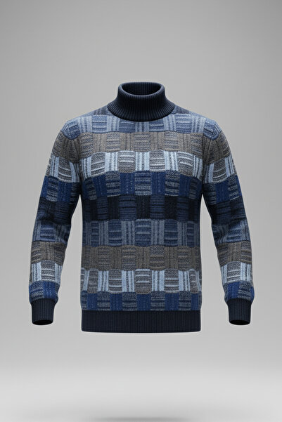 Pulltonic Erkek Desenli Yarım Balıkçı Yaka Kazak | %68 Kuzu Yünü