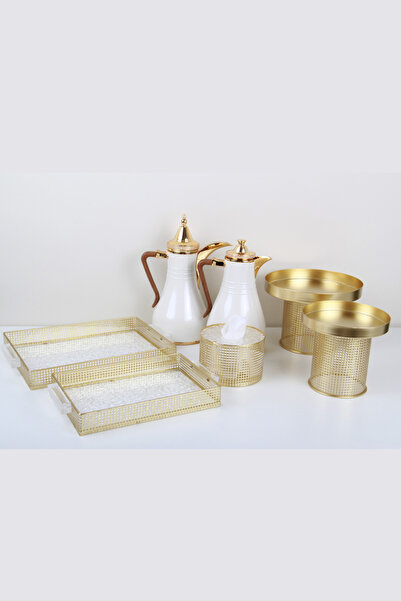 Generic Cake and dessert stand set + serving tray set + tea and coffee thermos set + tissue box holder with a royal design