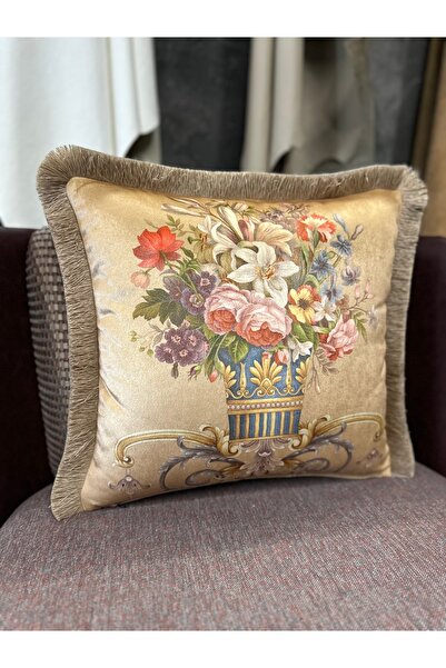 Fabricland Ithal Ipek Kadife Püsküllü Damask Desen Açık Kahve Kırlent Kılıfı ...