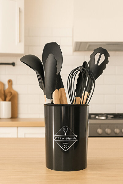 ceviz home züccaciye tekstil ltd şirketi 9-Piece Bamboo Handle Black Silicone Spoon Set – Heat Resistant, Stylish and Durable Kitchen Set