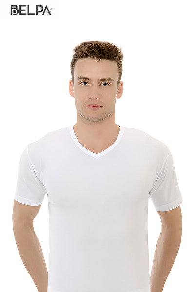 belpa Ceylanoğlu Ribana Men's V-Neck Half Sleeve Undershirt 6-Pack 100% Cotton
