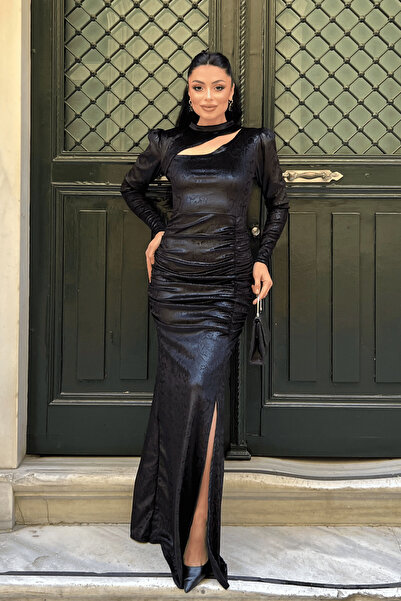 giyimmasalı Velvet Fabric Snake Patterned Evening Dress - Black