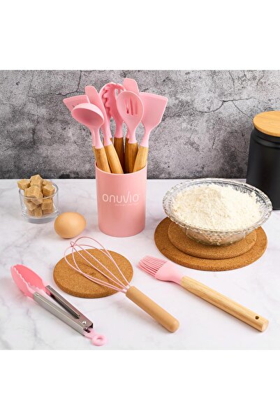 Onuvio 12-piece kitchen utensil set, small size XS 500g, silicone, heat-resistant, Mini Size - Pink