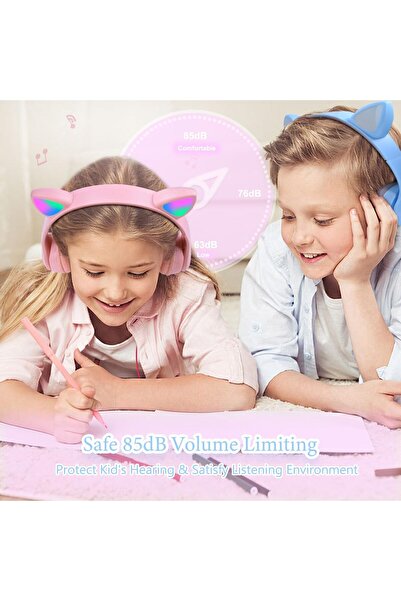 VALA Kids Wireless Over-Ear Headphones with Cat Ear LED Light, Microphone, TF Card (Grey)