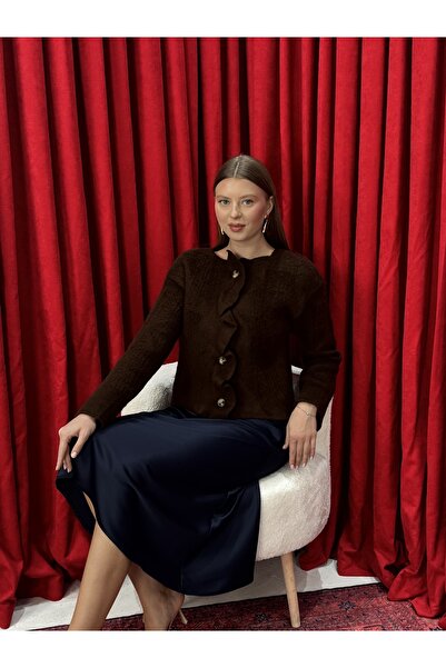 Neva Wear Asymmetrical Cut Pat Detailed Embroidered Knit Cardigan