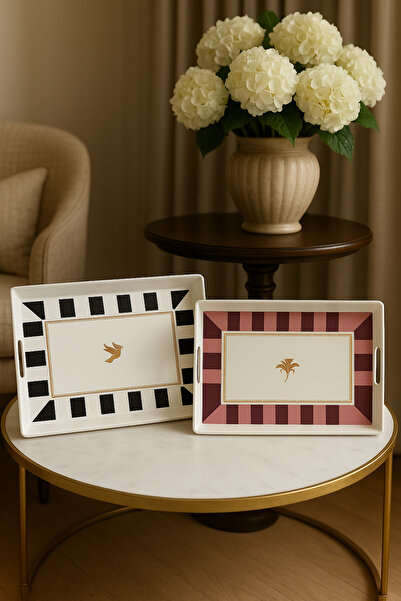 MAKRİ HOME 2Pcs Striped Patterned Serving Tray 38X28X3.5 Cm, Black-White and Maroon