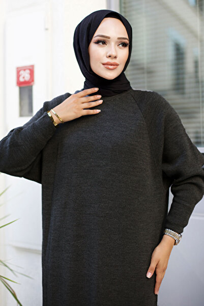 Tesettür Dünyası Πλεκτό φόρεμα με μανίκια Reglan TSD240725 Ανθρακί