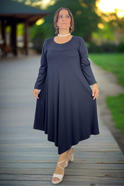 yagmurberen Asymmetric Cut Interlock Viscose Fabric Plus Size Bell Cut Women's Dress