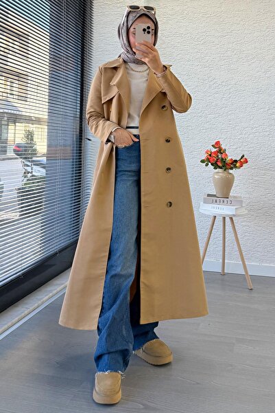 MELEK ARAZ Pera Women's Cotton Belted Buttoned Trench Coat - Camel