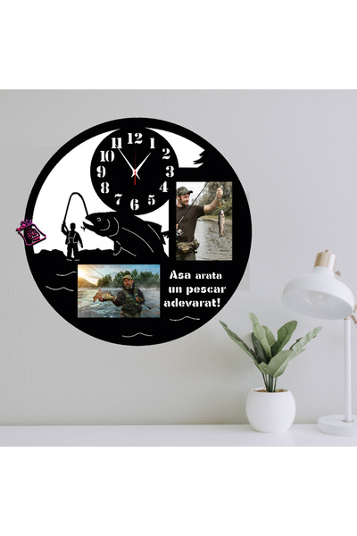 damoro Ceas de perete,cadou pescar,2 rame foto,lemn,negru/alb, 40 cm