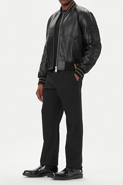 Versace Men's Regular Fit Gold Jacquard Ribbed Leather Bomber Jacket - Black