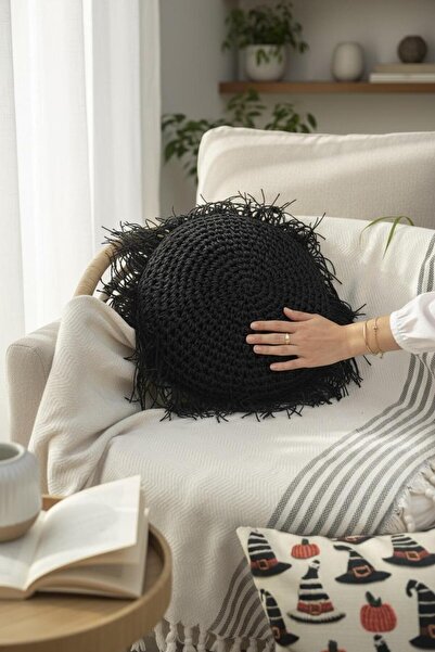 ANJEAHOME Oise Siyah Kırlent Kılıfı 50x50 cm | El Örgüsü Kağıt İp Tasarım, Çevreci Dekoratif Kılıf