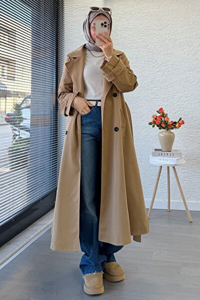 MELEK ARAZ Premium Four Button Oversized Women's Trench Coat - Camel