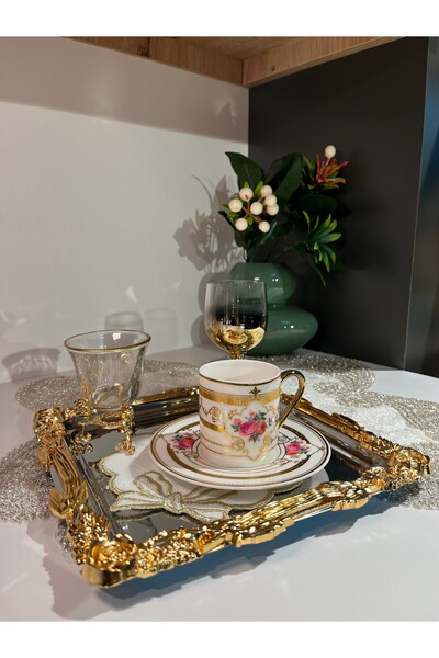 zaTen Pazar 3 Adet Güllü Dallı Gümüş Çay Kahve Sunum Tepsisi