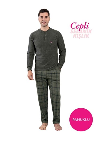 bie's Men's 3 Button Chest Pocket Winter Cotton Thessaloniki Fabric Long Cuffed Sleeve Pajama Set with Pockets