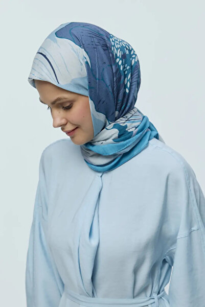 Modakaşmir Peony Pattern Bamboo Scarf - Blue Grey