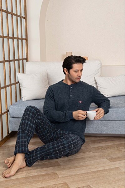GUAVA+ Petrol Blue 3 Button Chest Pocket Winter Cotton Thessaloniki Fabric Long Cuffed Sleeve Pajama Set with Pockets