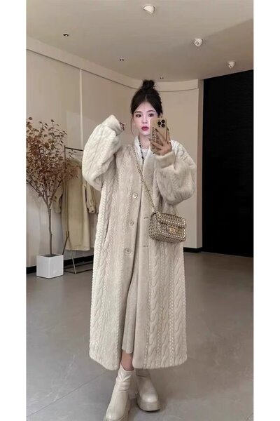 NeednStore Women's Gray Textured Long Fur Coat Overcoat