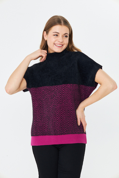 Brevia Pink Black Zigzag Pattern Half Fisherman Short Batwing Sleeve Women Knitwear Angora Sweater