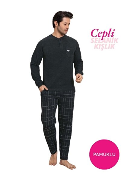 bie's Men's 3 Button Chest Pocket Winter Cotton Thessaloniki Fabric Long Cuffed Sleeve Pajama Set with Pockets