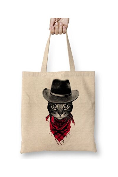 Toyaso Τσάντα αγορών Cowboy Cat Cat White Tote Bag με μακρύ χερούλι Τσάντα πα...