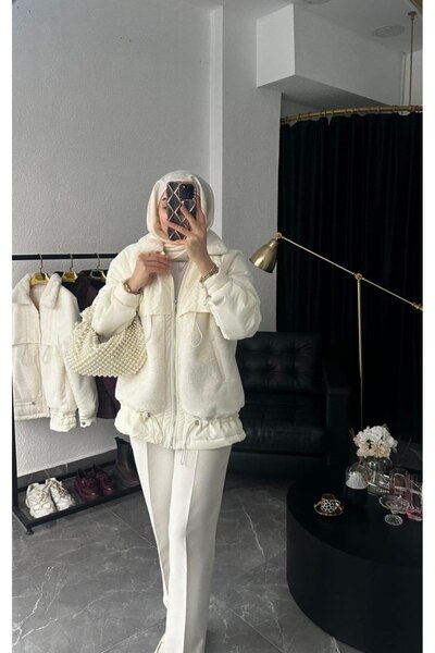 Shazel Kadın Beyaz Kürk Detaylı Fermuarlı Kışlık Şık Mont Modeli