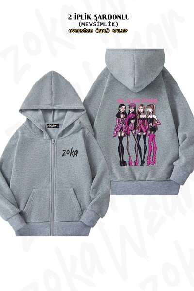 ZOKAWEAR Unisex Black Pink Drawing Printed Oversized Back Printed Zippered Ho...